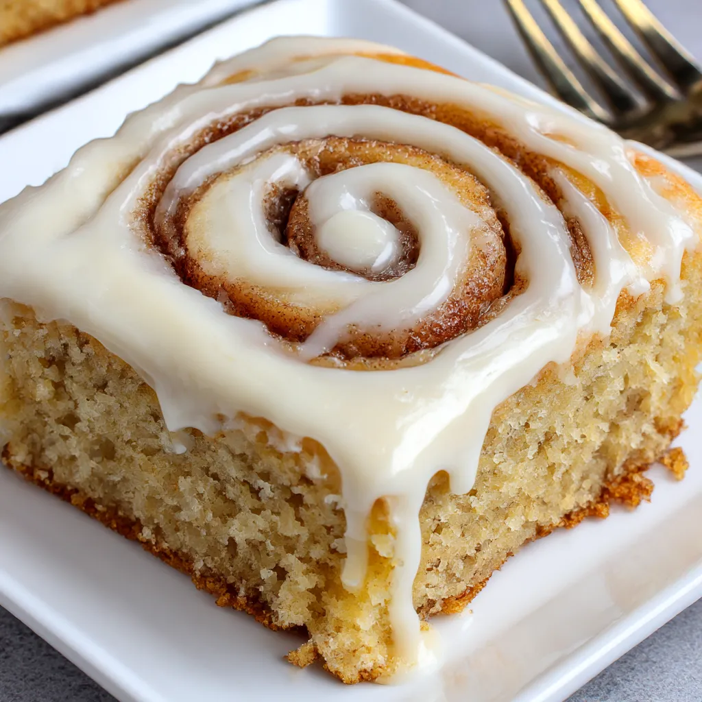 A cinnamon roll cake treat on a white plate.