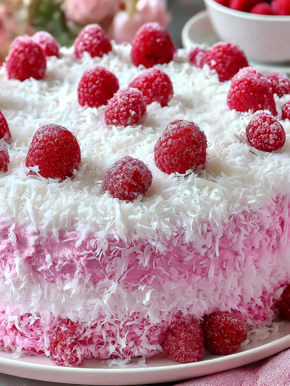 A cake with white frosting and raspberries on top.
