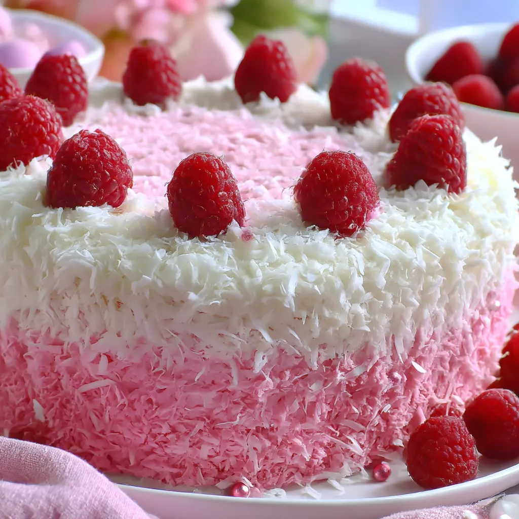 A white cake with pink frosting and raspberries on top.