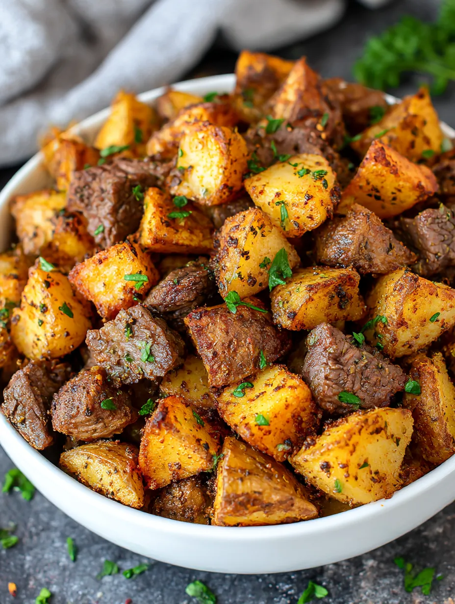 A bowl of steak and potatoes.