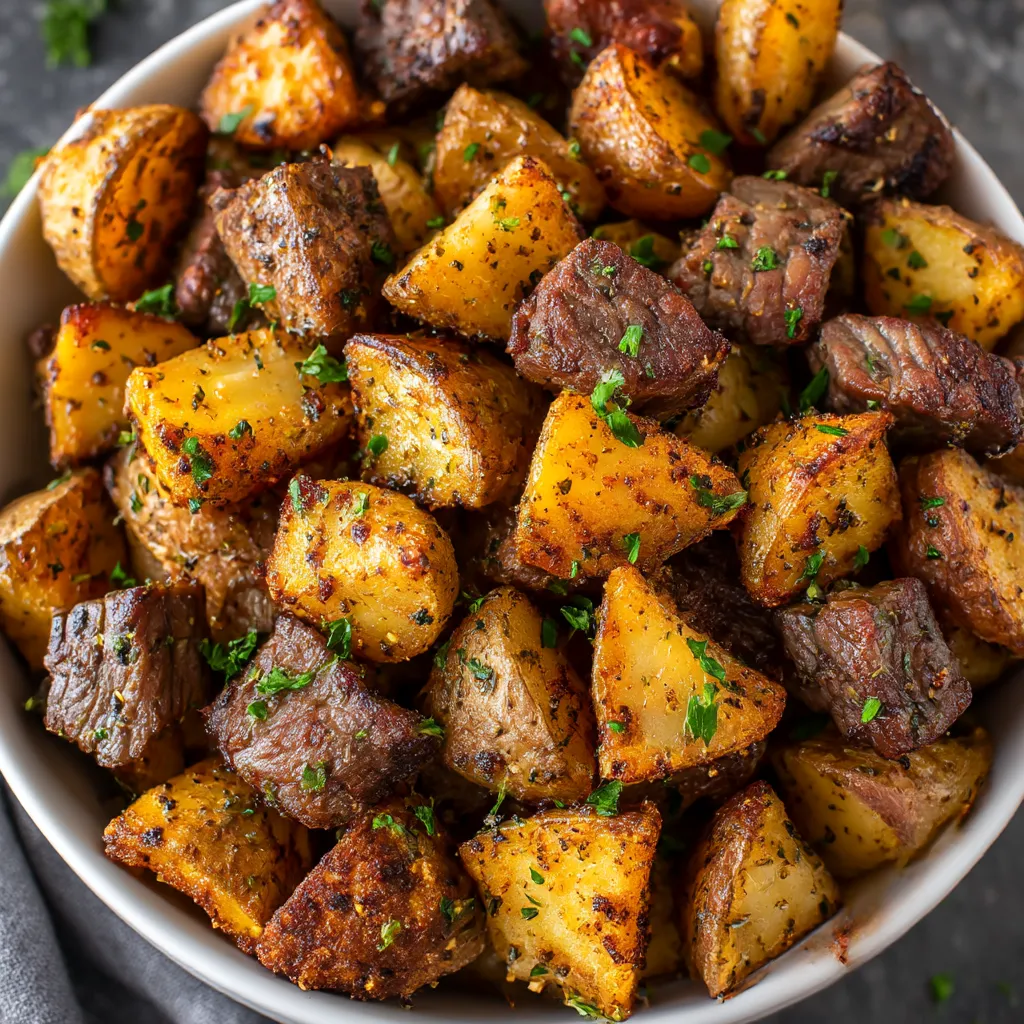 A bowl of steak and potatoes.