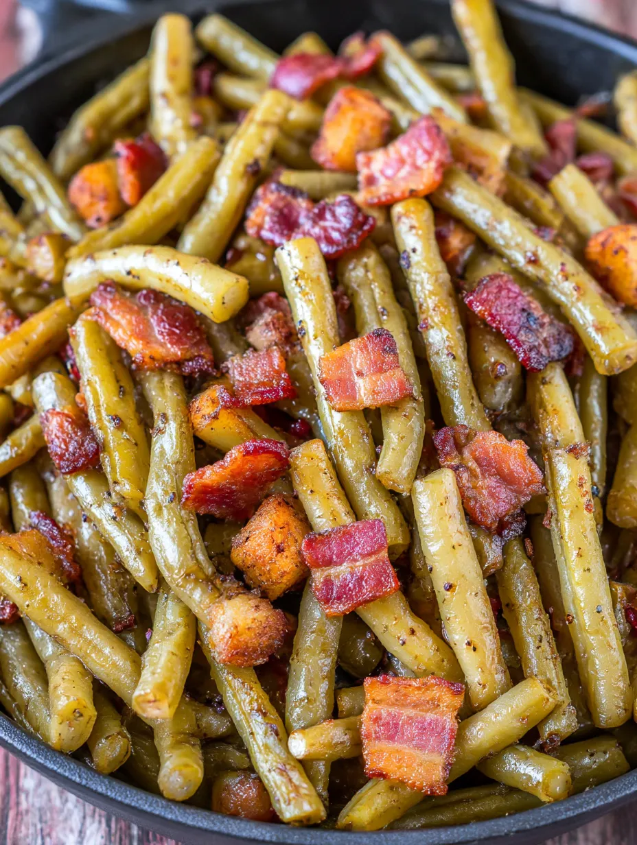A close up of a dish of green beans with bacon.