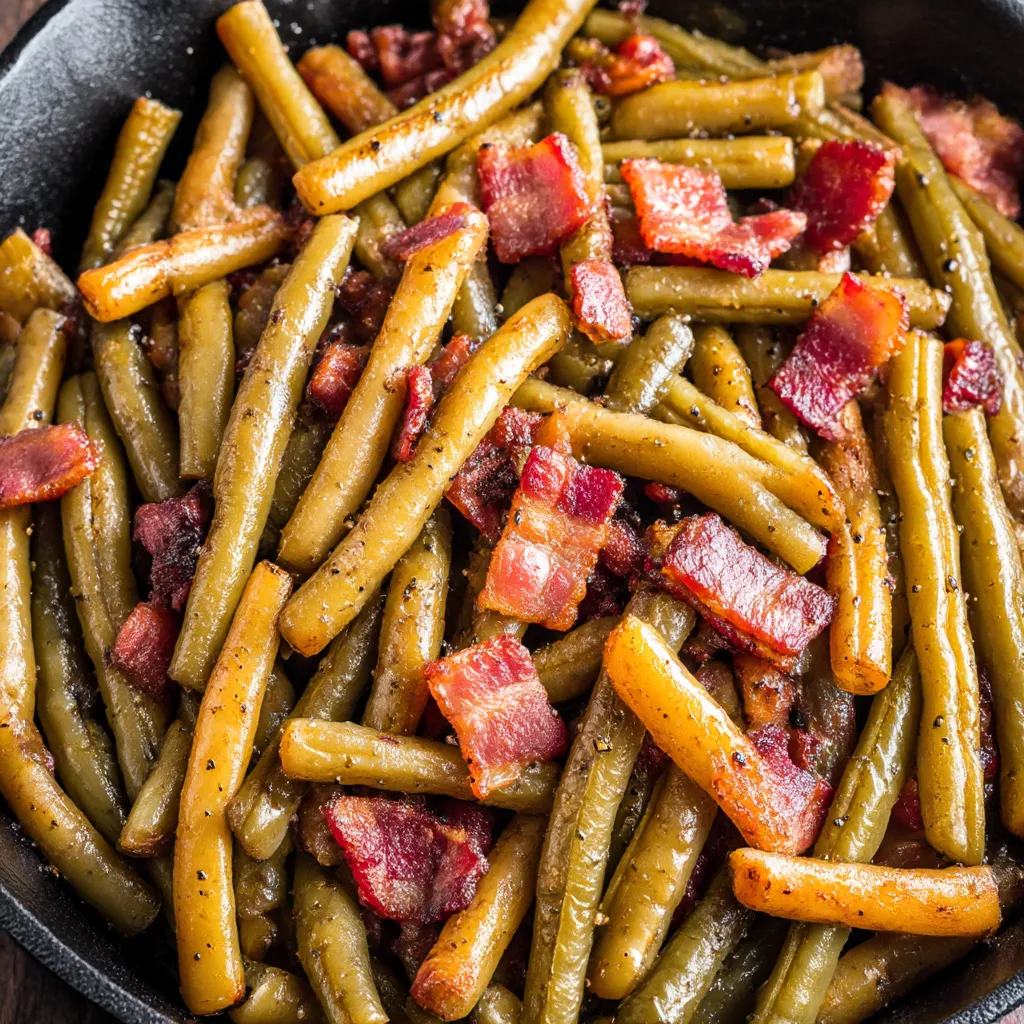 A plate of green beans with bacon.