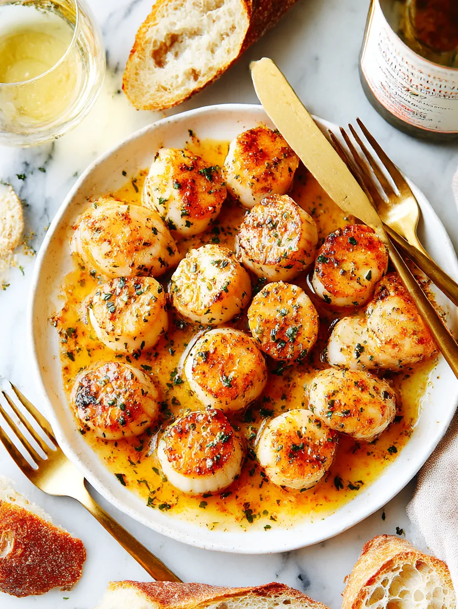 A plate of scallops in a lemon butter sauce.