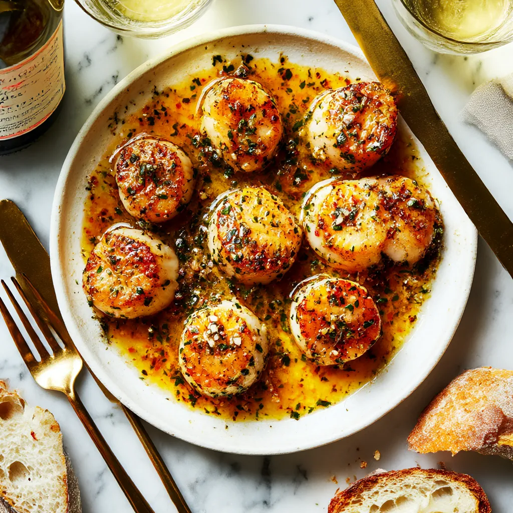 A plate of scallops with lemon butter sauce.