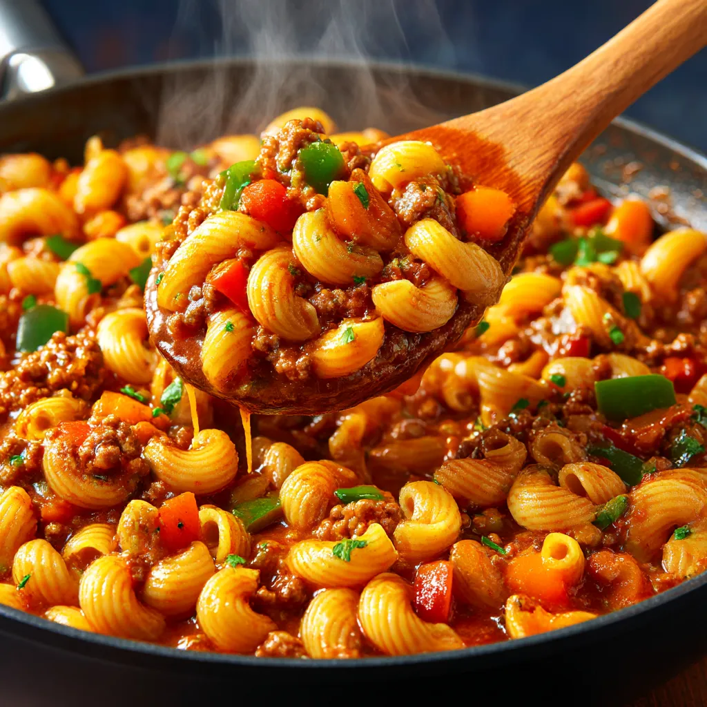 A wooden spoon is being used to scoop up a delicious meal of pasta and meat.