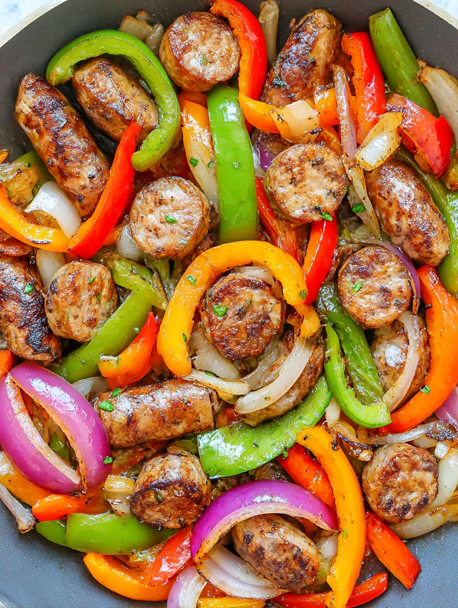 A dish of sausage, peppers, and onions.