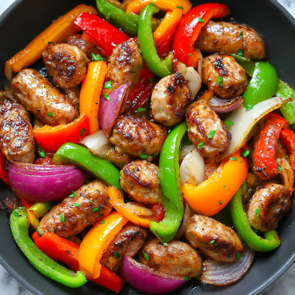 A bowl of sausage, peppers, and onions.