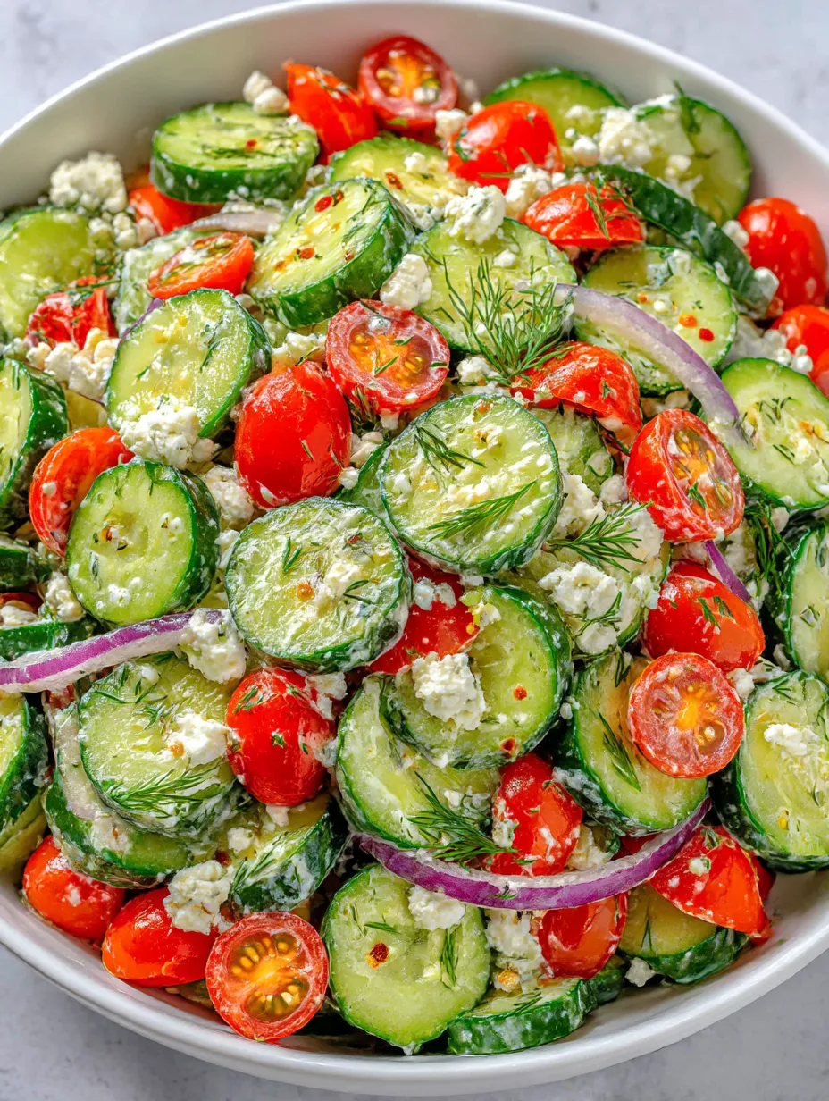 A bowl of cucumber tomato feta salad.