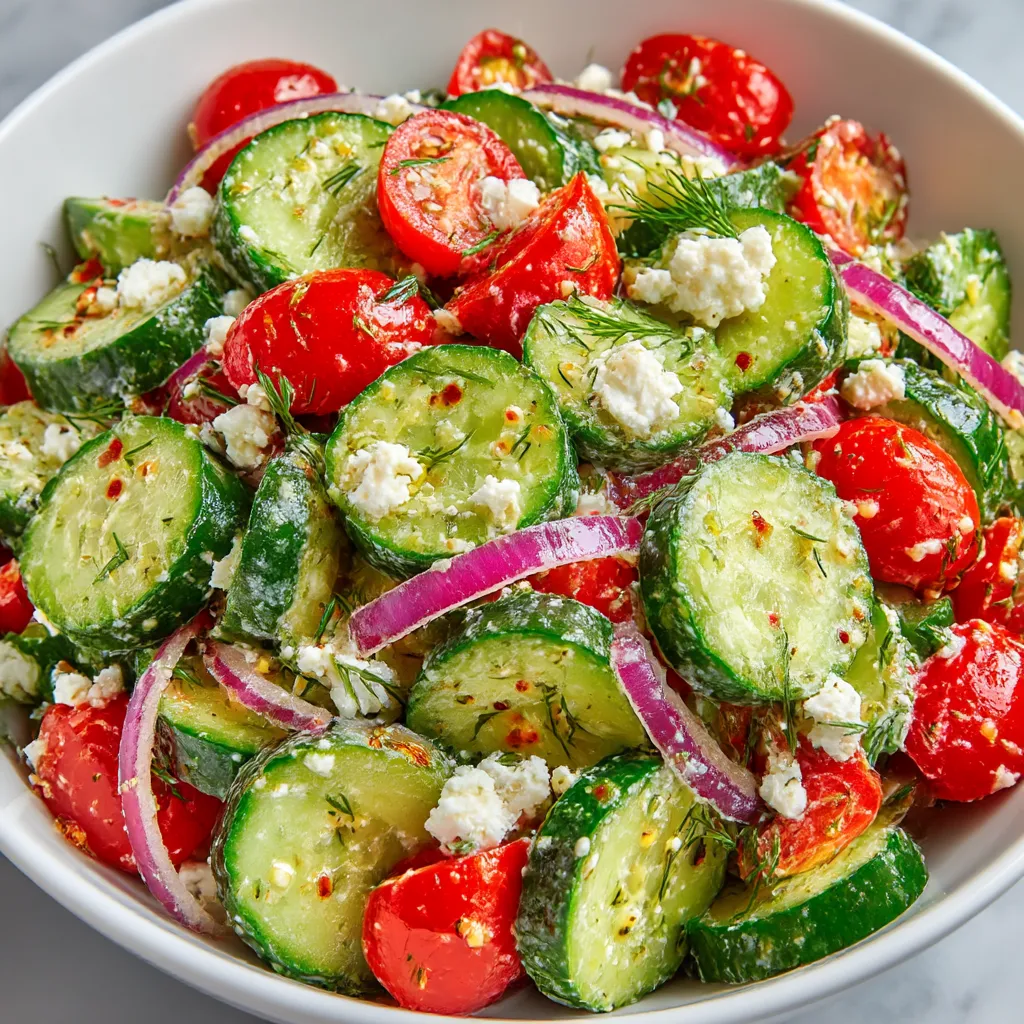 A bowl of cucumber tomato feta salad.
