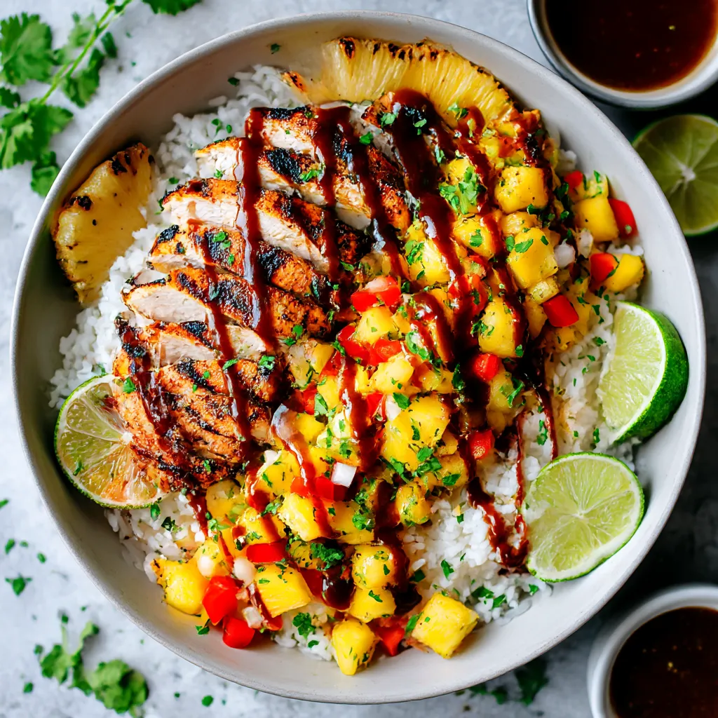 A bowl of grilled pineapple chicken and rice.