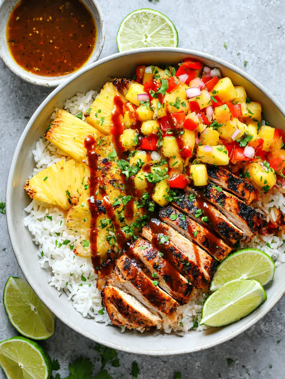 A plate of grilled pineapple chicken and rice.