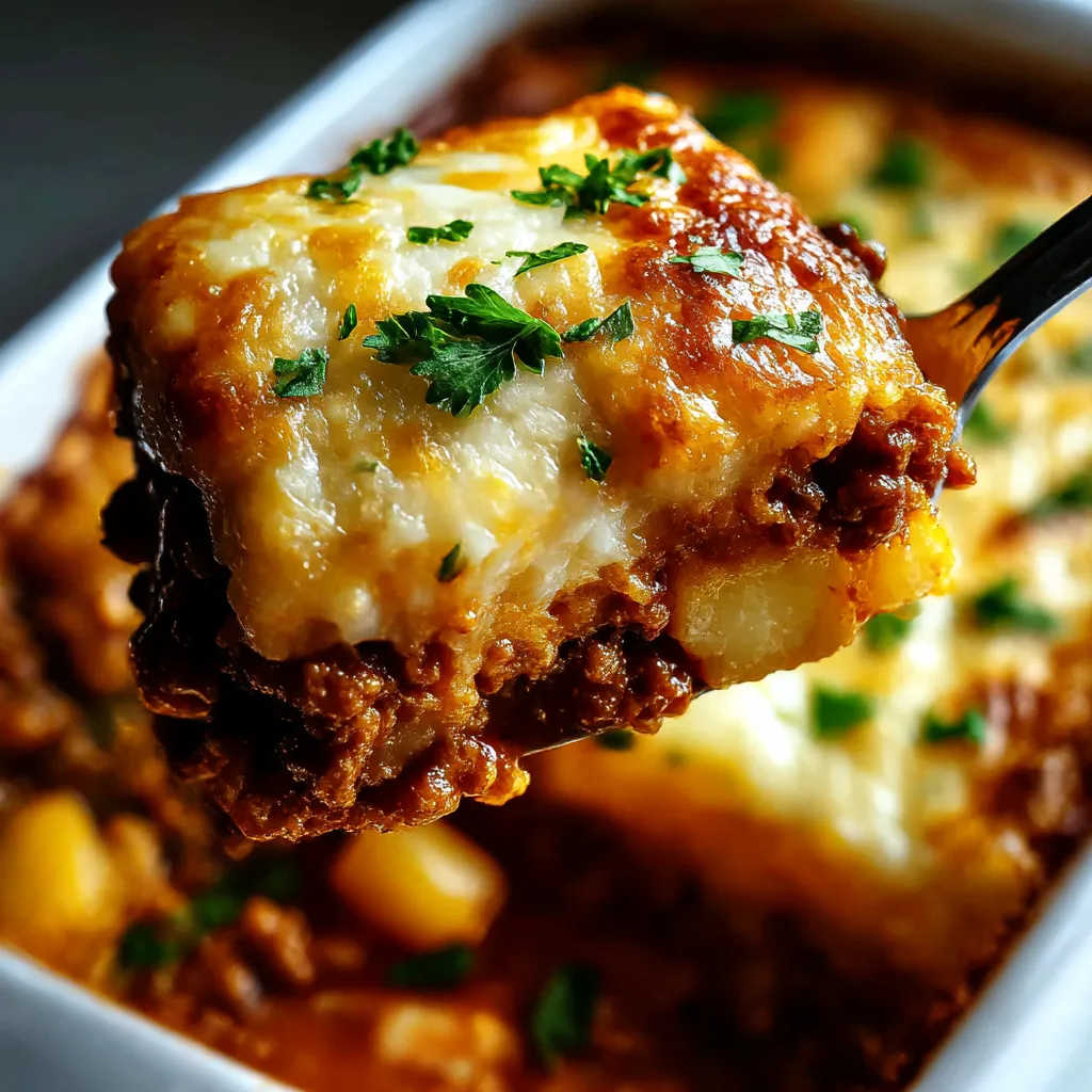 A fork is picking up a piece of casserole with ground beef.