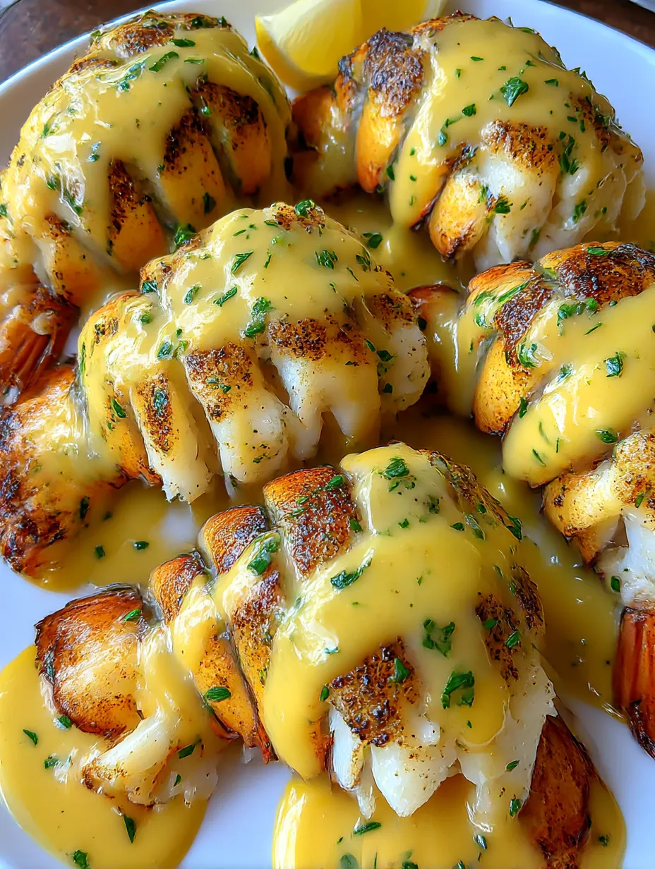 A plate of lobster tails with garlic butter on top.