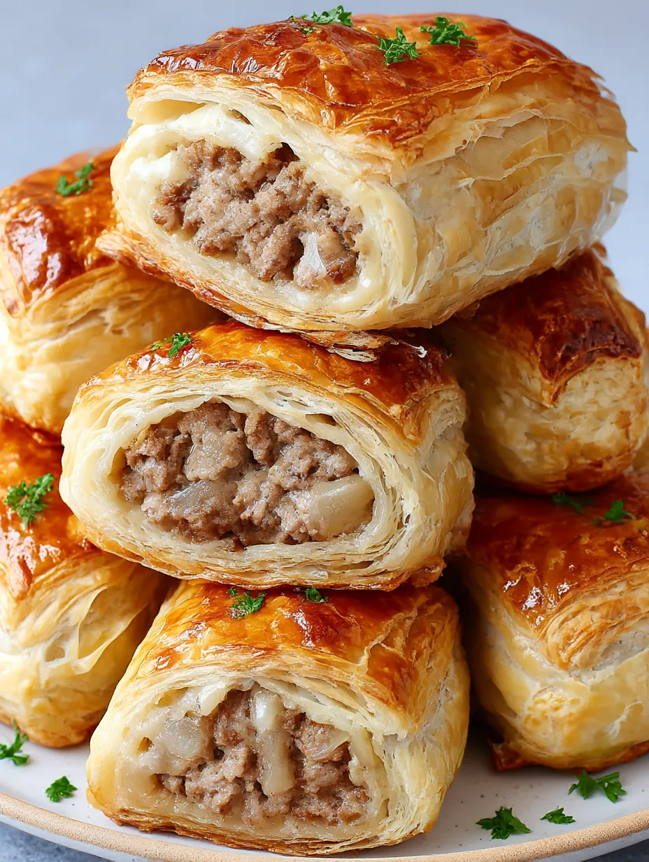 A stack of savory French onion sausage rolls.