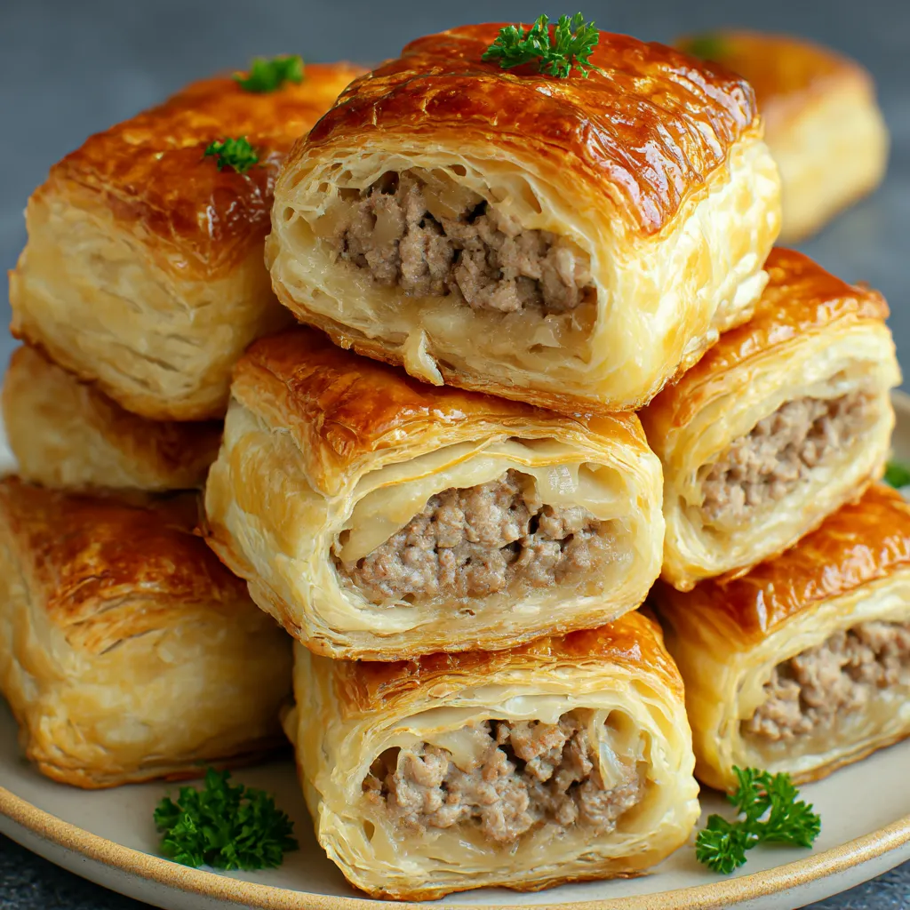 A stack of savory French onion sausage rolls.