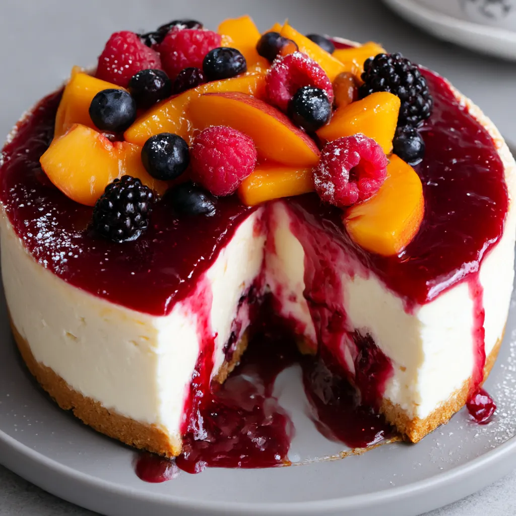 A slice of a no-bake summer berry and peach cheesecake.