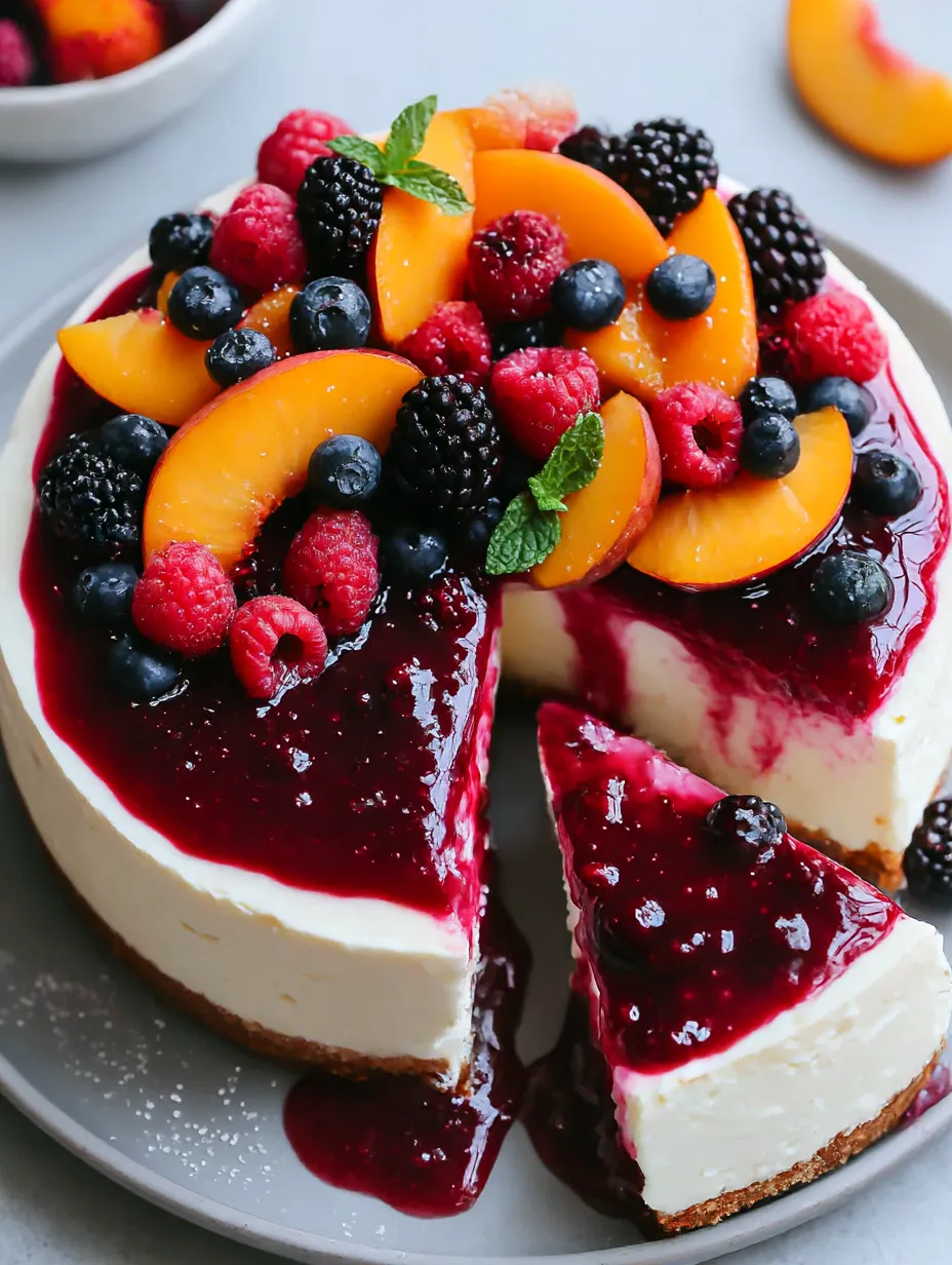 A slice of a no-bake summer berry and peach cheesecake.