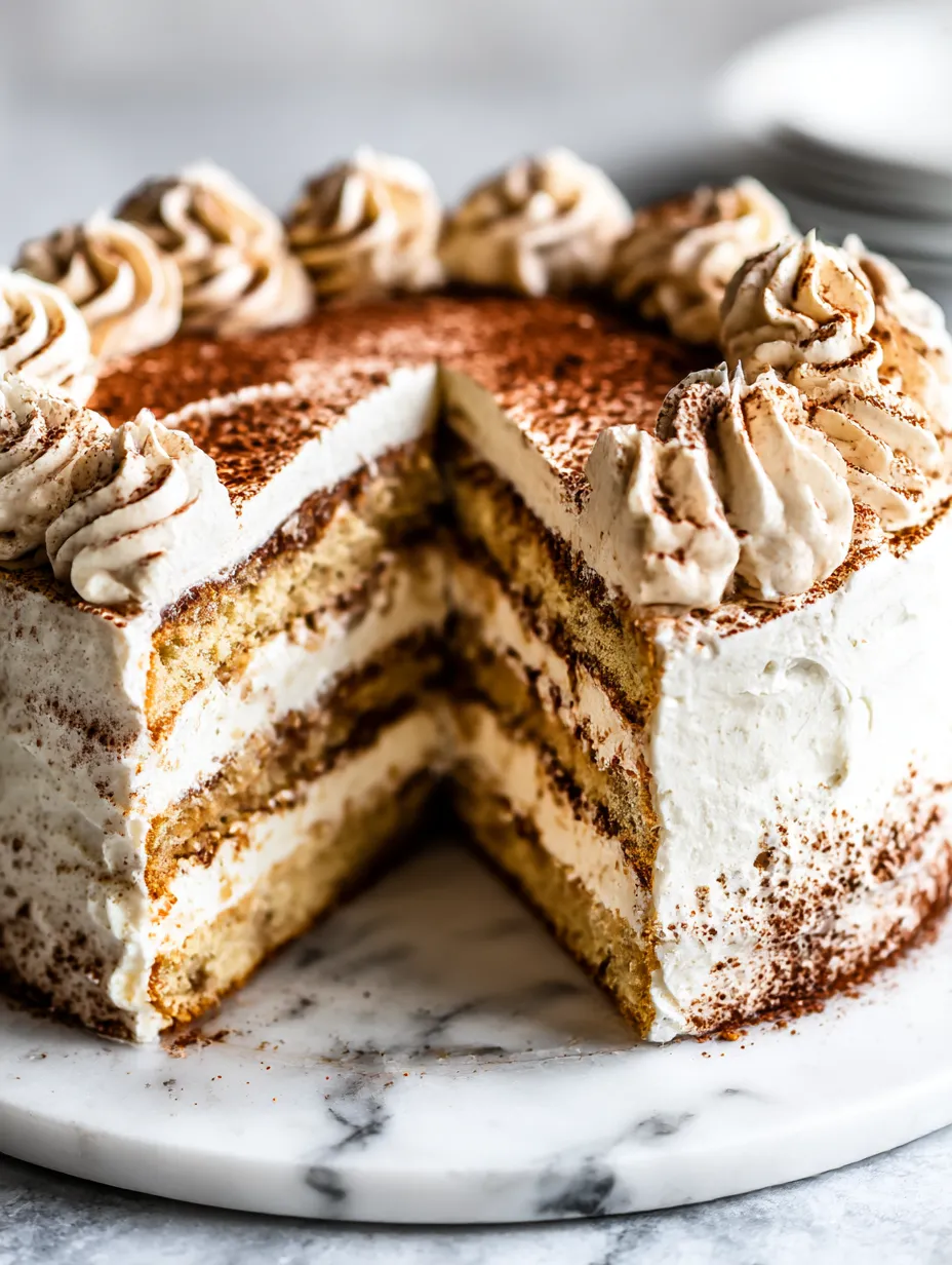 A slice of Tiramisu cake with Mascarpone frosting.