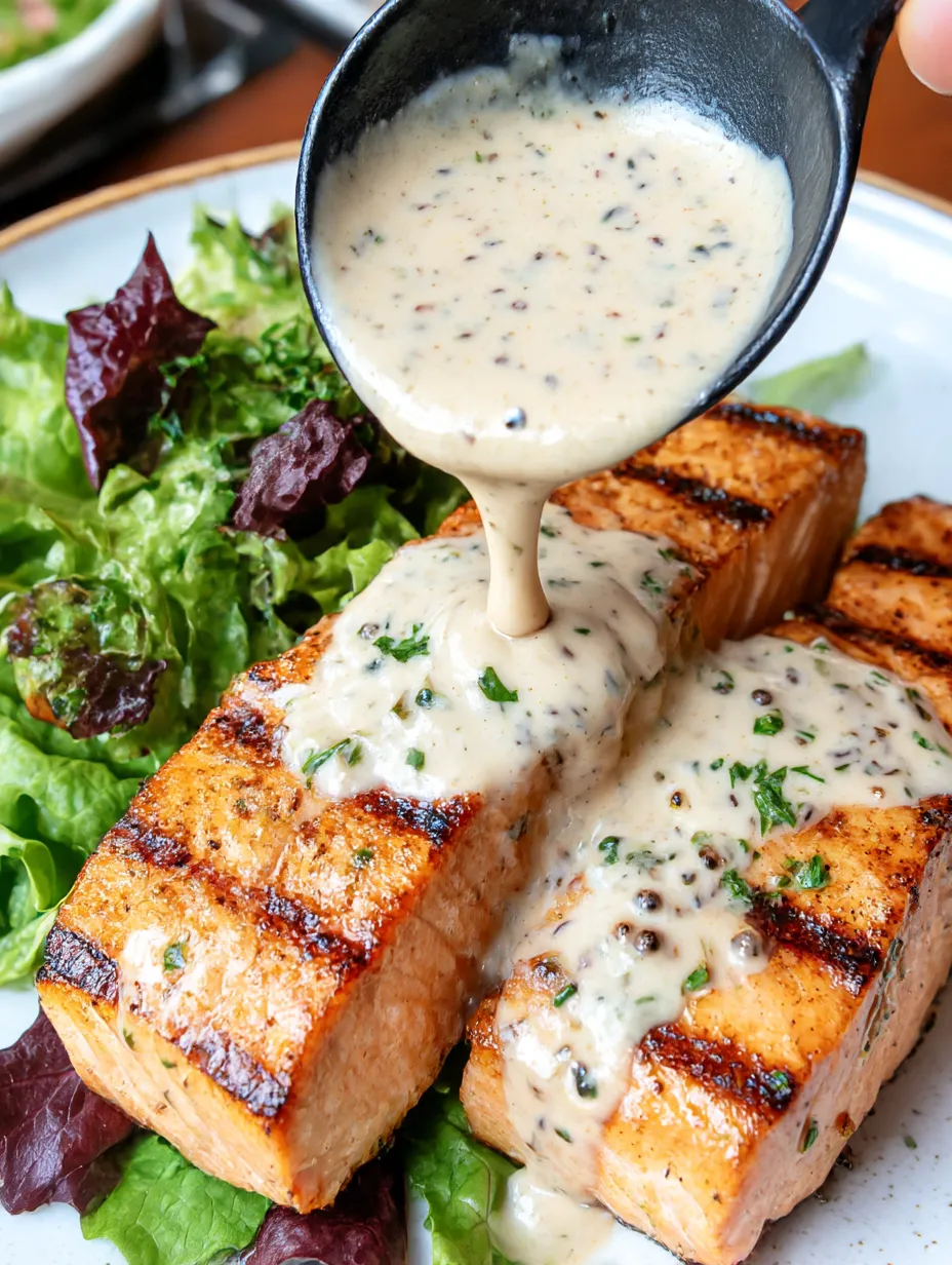 A plate of tuna steaks with creamy garlic sauce and salad.