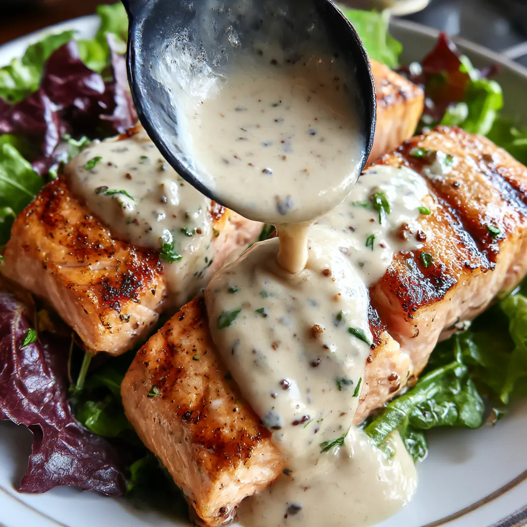 Tuna steaks with creamy garlic sauce and salad.