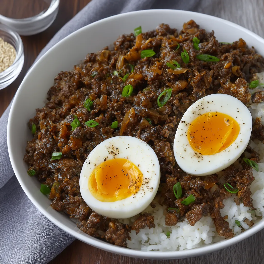 A bowl of food with eggs and meat.