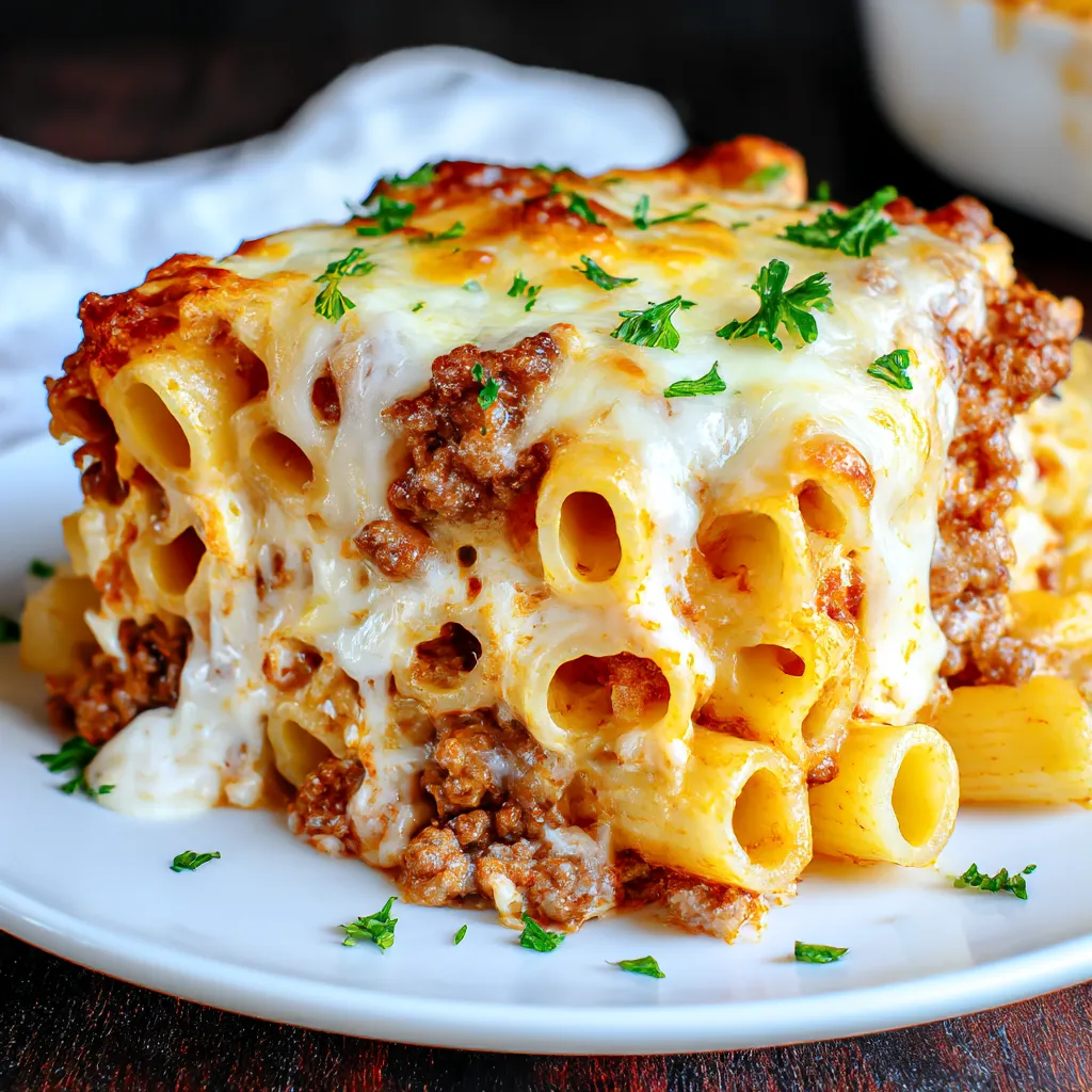 A close up of a beef Lombardi casserole.