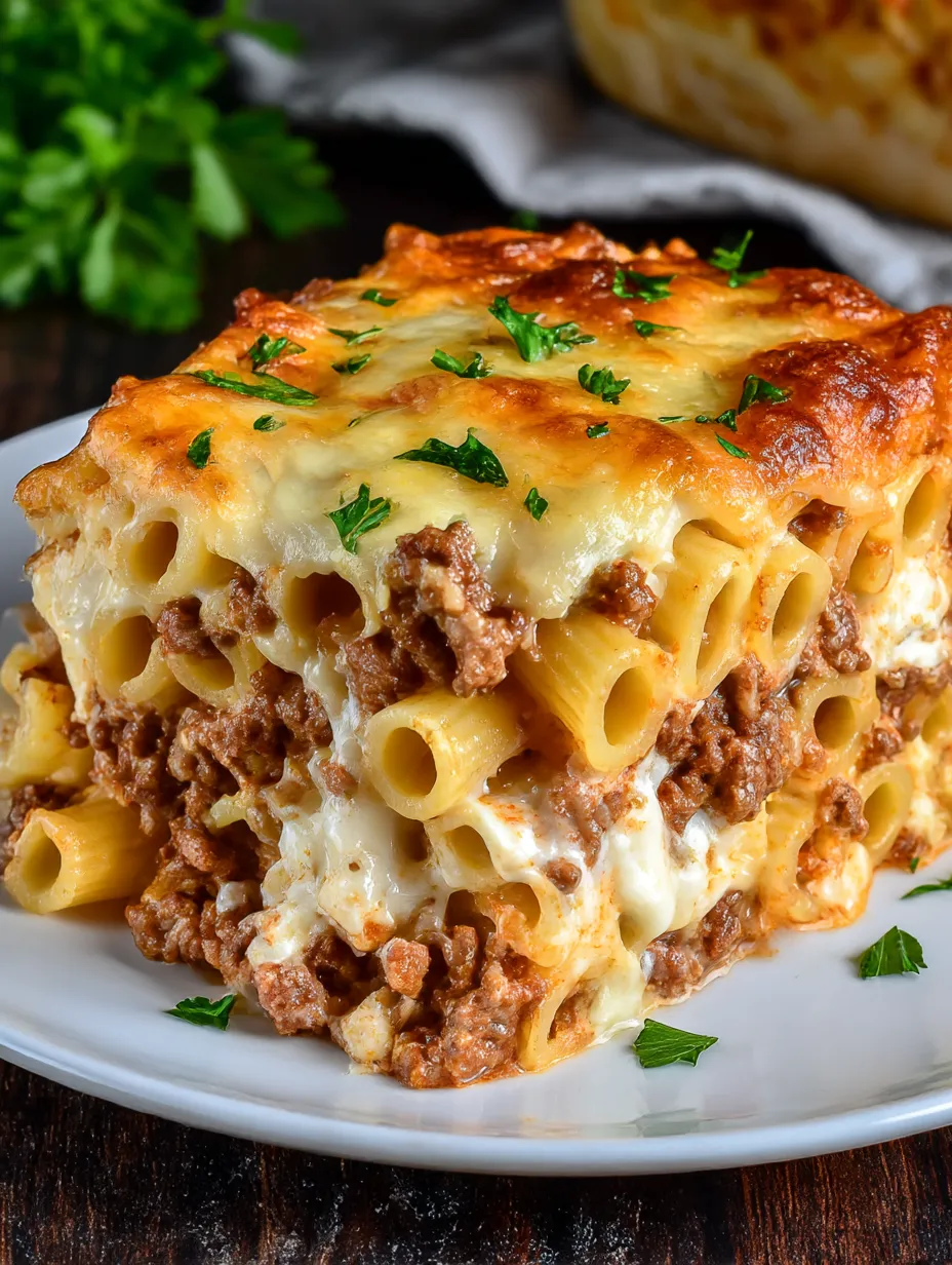 A close up of a beef Lombardi Casserole.