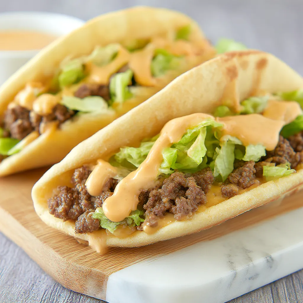 Two tacos with lettuce and cheese.