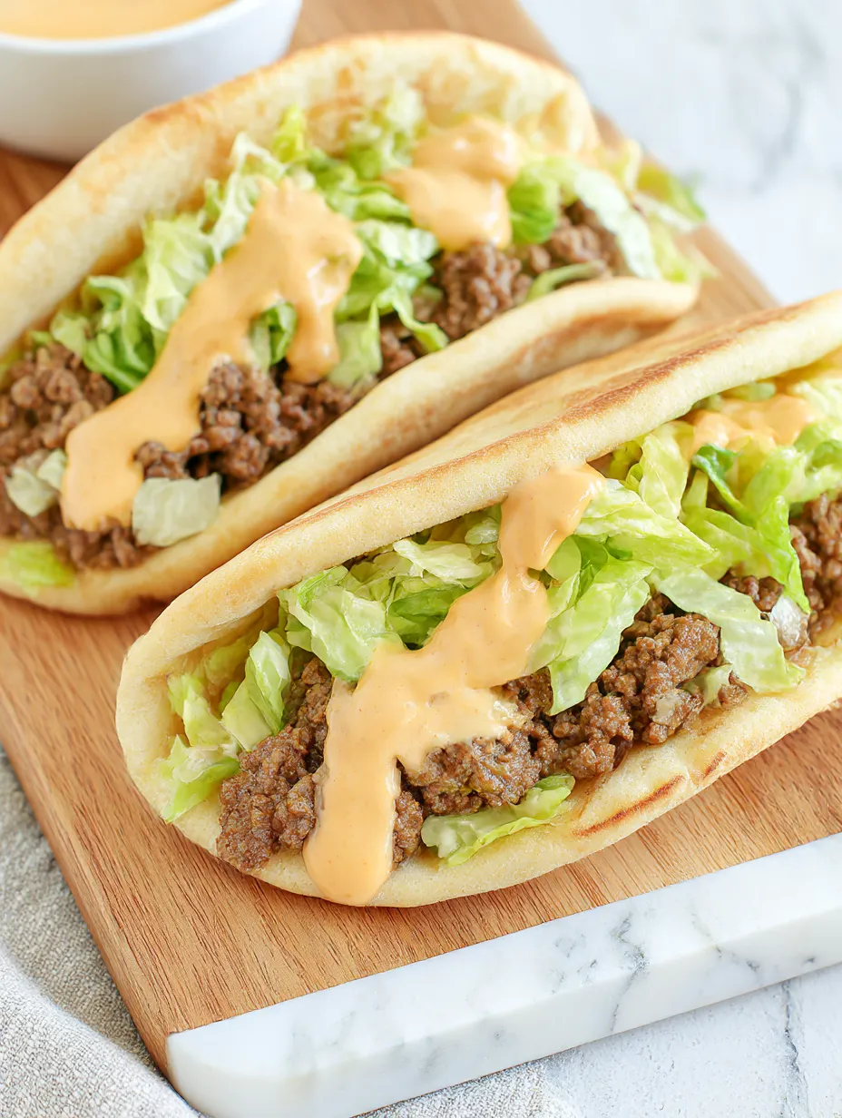 Two tacos with lettuce and meat on top.