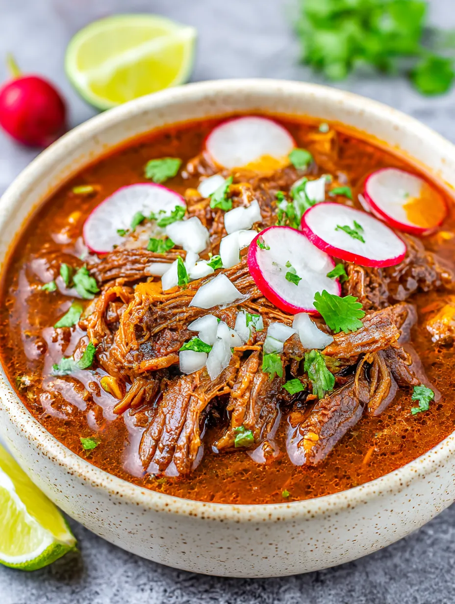 A bowl of beef birria with onions and tomatoes.