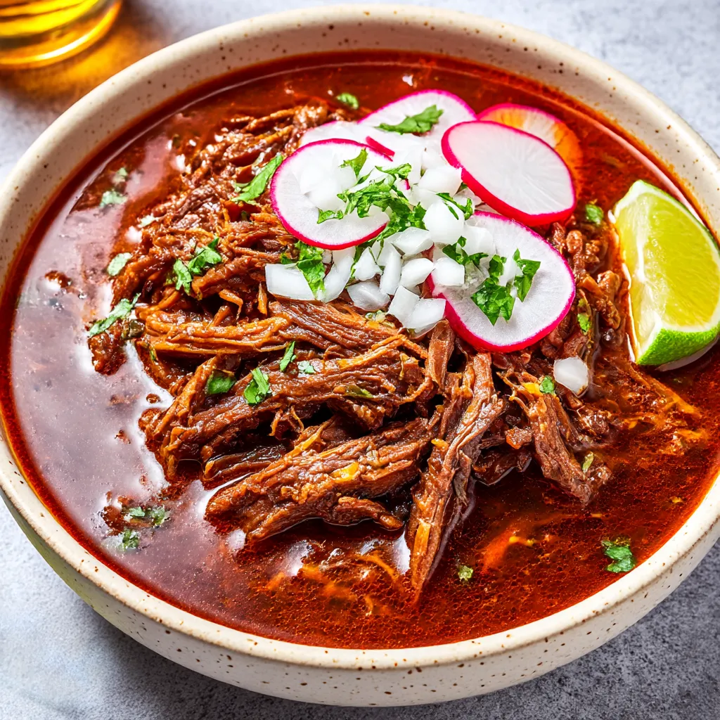 A bowl of beef birria with radishes and limes.