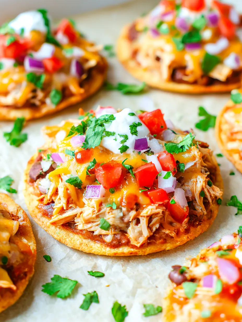 Mini Sheet Pan Tostadas with Chicken, Tomatoes, Onions, and Lettuce.