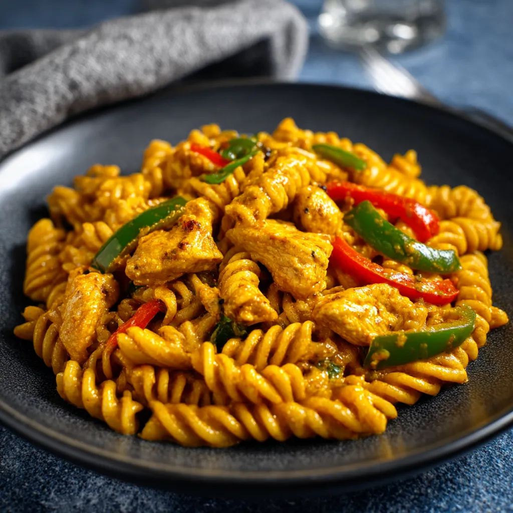 A plate of pasta with chicken and peppers.