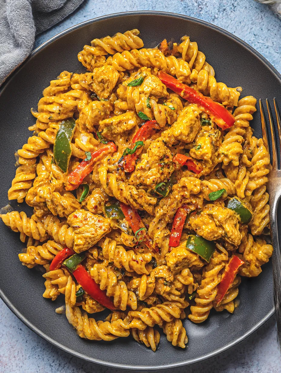 A plate of pasta with chicken and peppers.