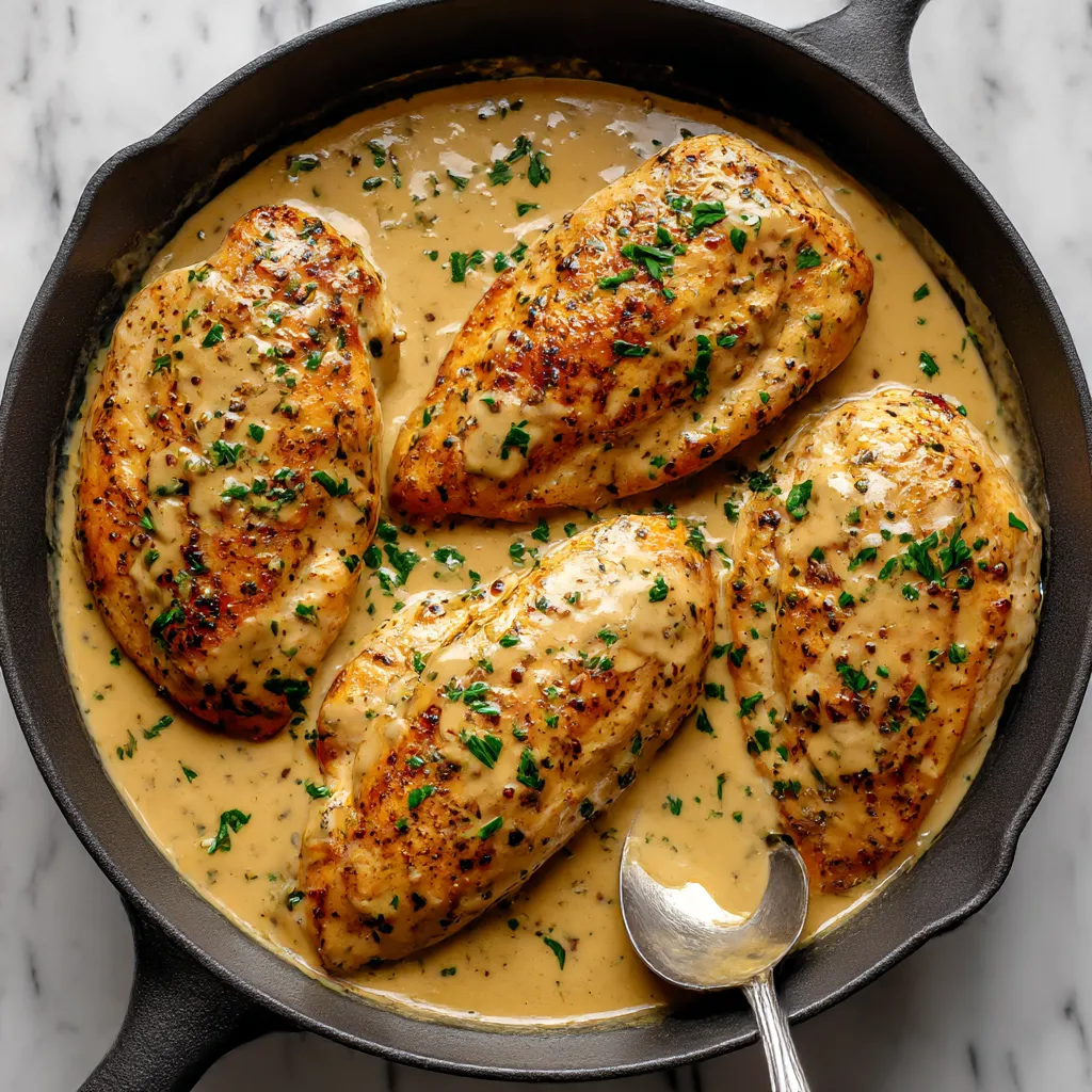 A pan of chicken with a creamy sauce.