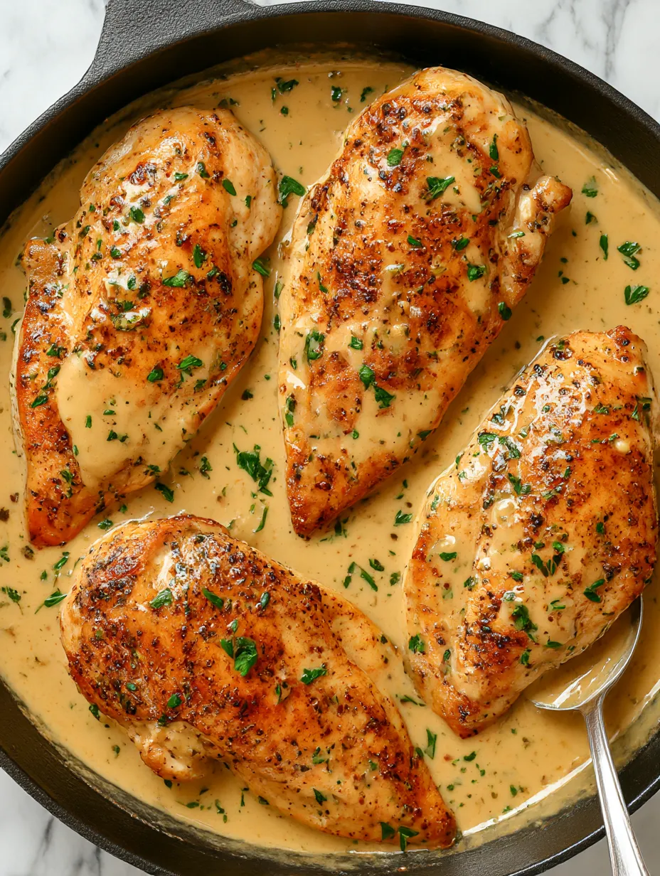 Chicken with sauce on a plate.