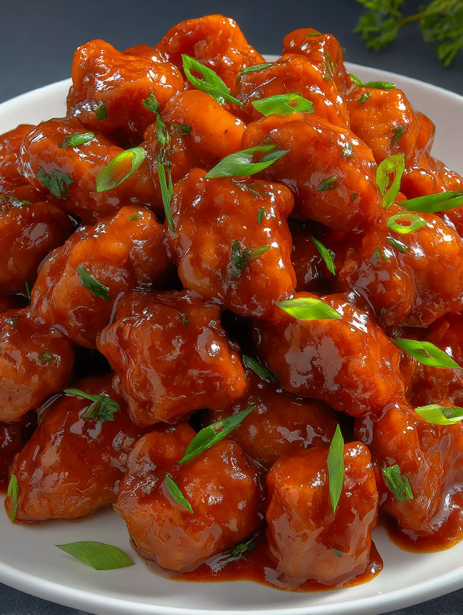 A plate of chicken with green onions on top.