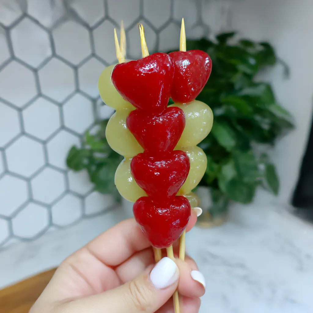 A person holding a stick with a heart shaped piece of fruit on it.