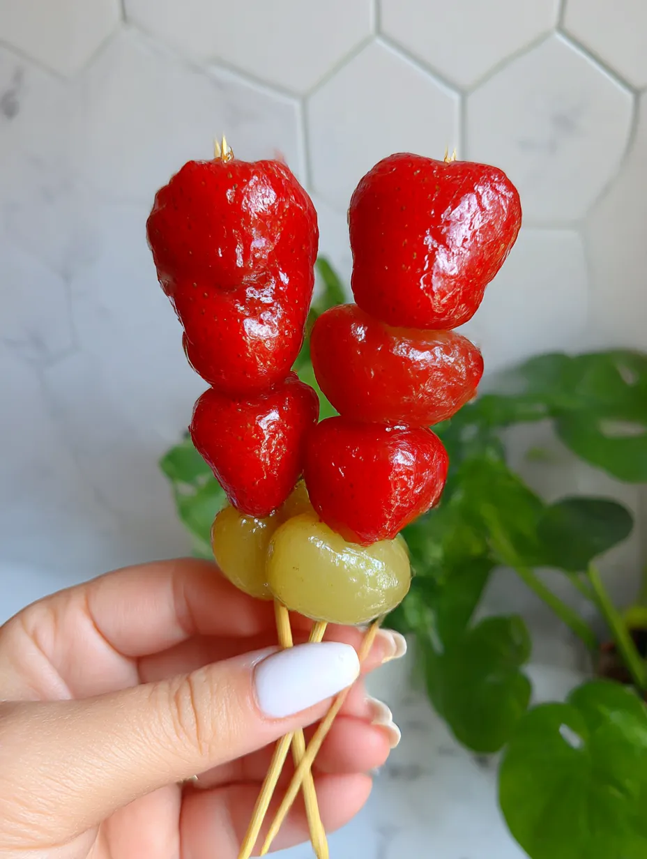 A person holding a stick with two pieces of fruit on it.