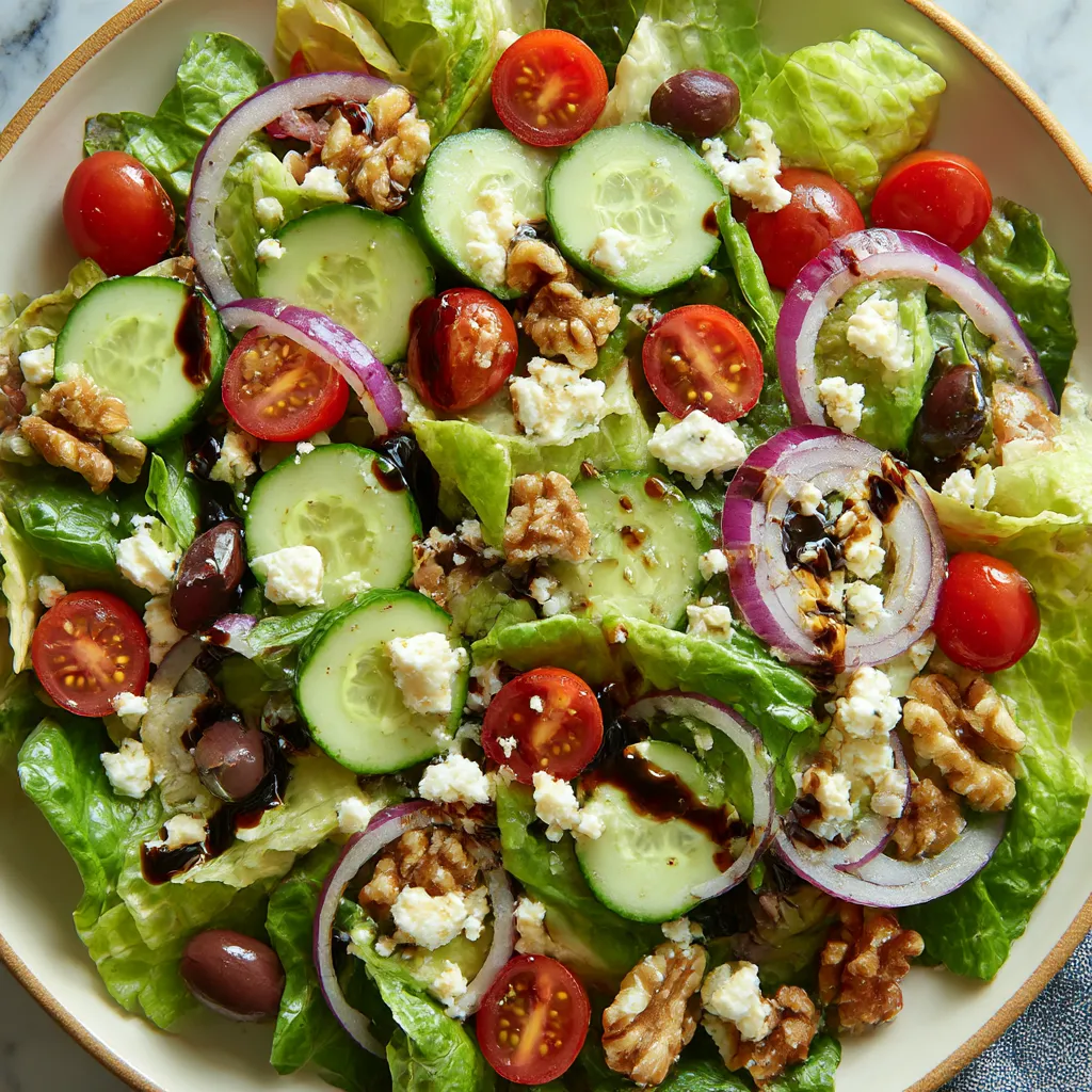 A salad with lettuce, tomatoes, cucumbers, olives, and feta cheese.