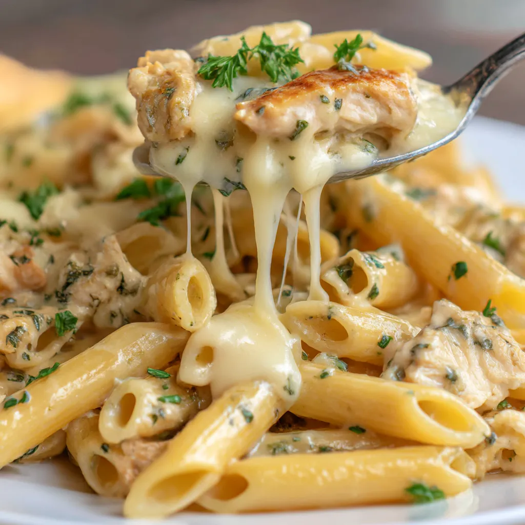 A fork is being used to eat a cheesy chicken pasta dish.