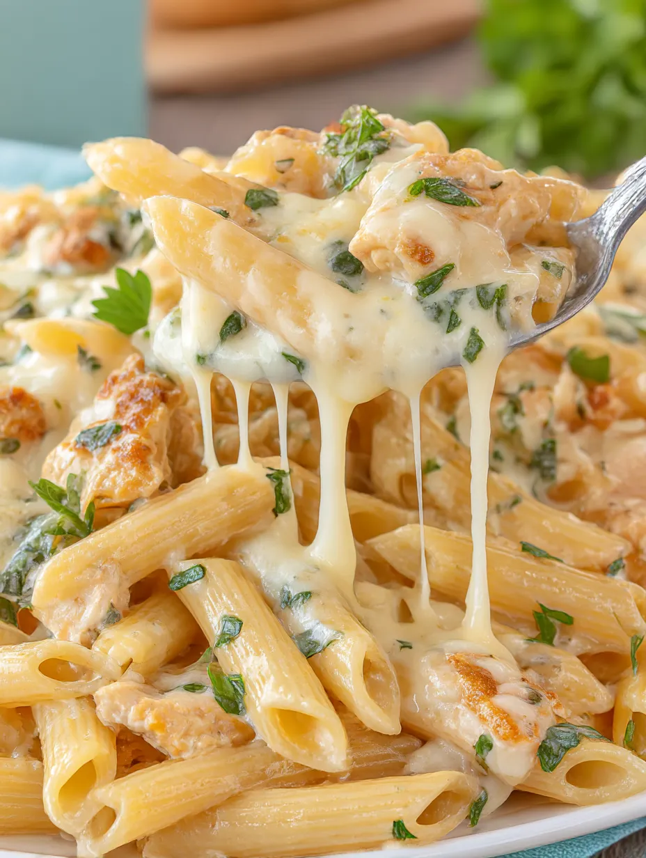 A fork is in a bowl of pasta with cheese and chicken.