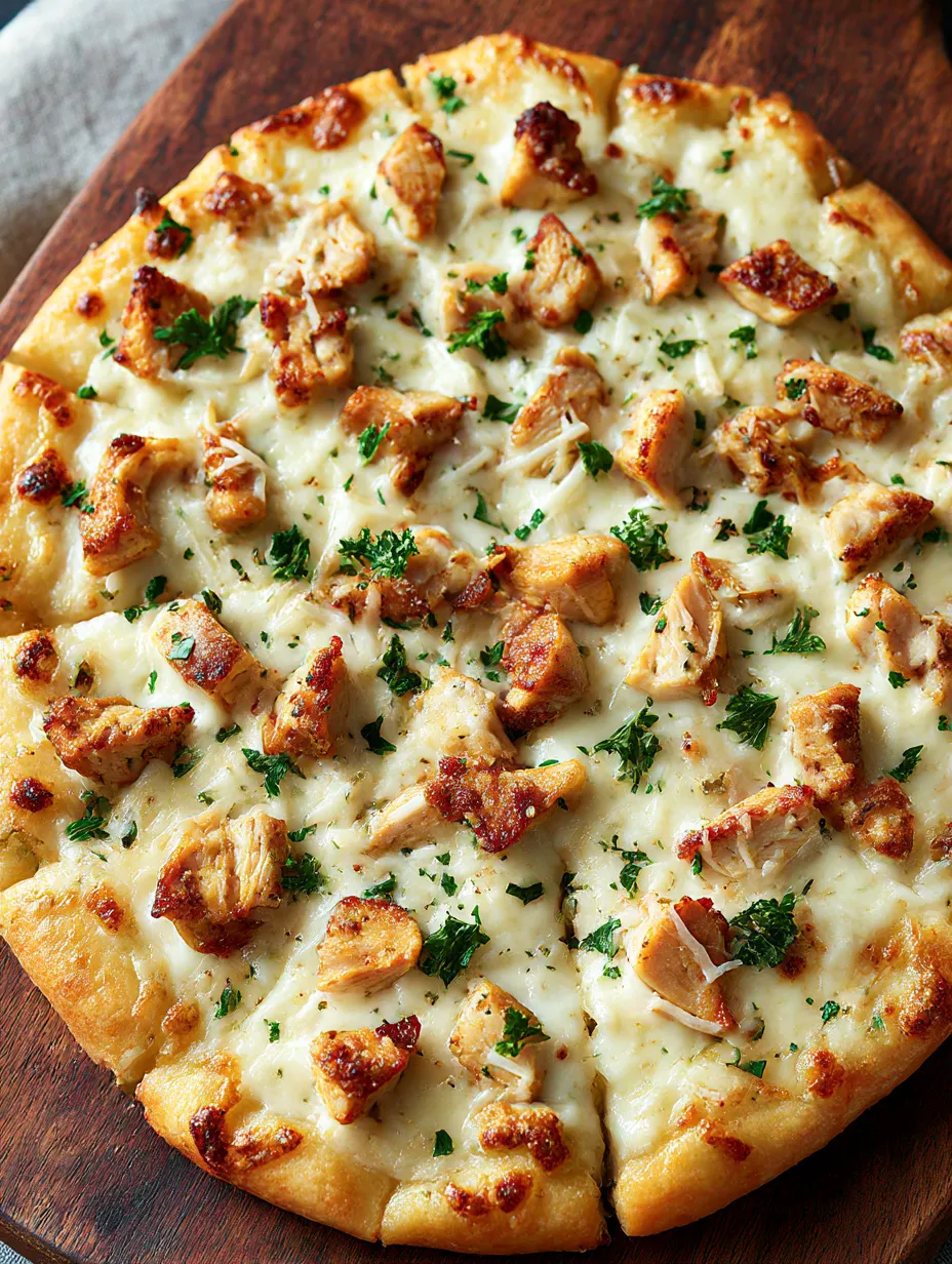 A pizza with chicken and garlic bread toppings.