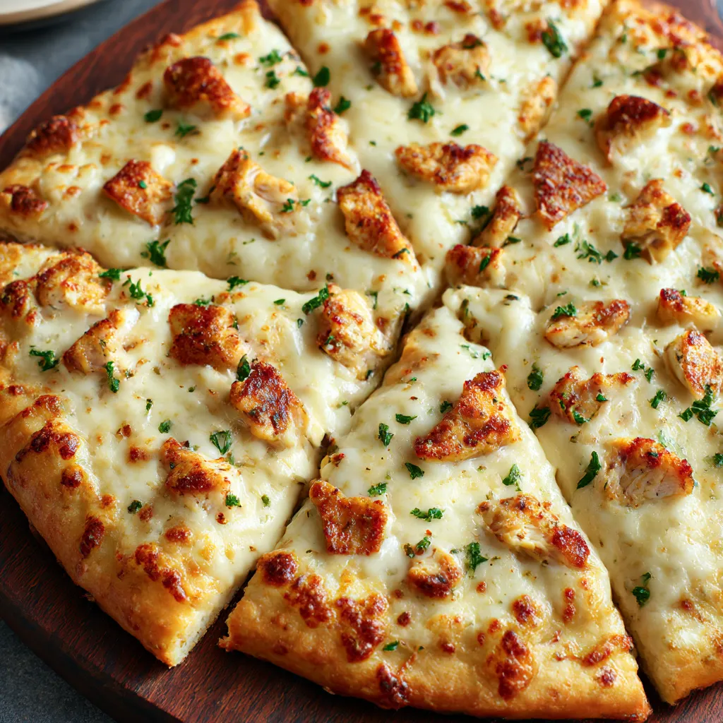 A pizza with chicken alfredo garlic bread toppings.