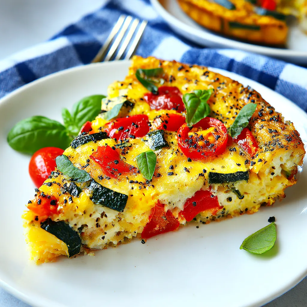 A slice of a vegetable frittata on a white plate.
