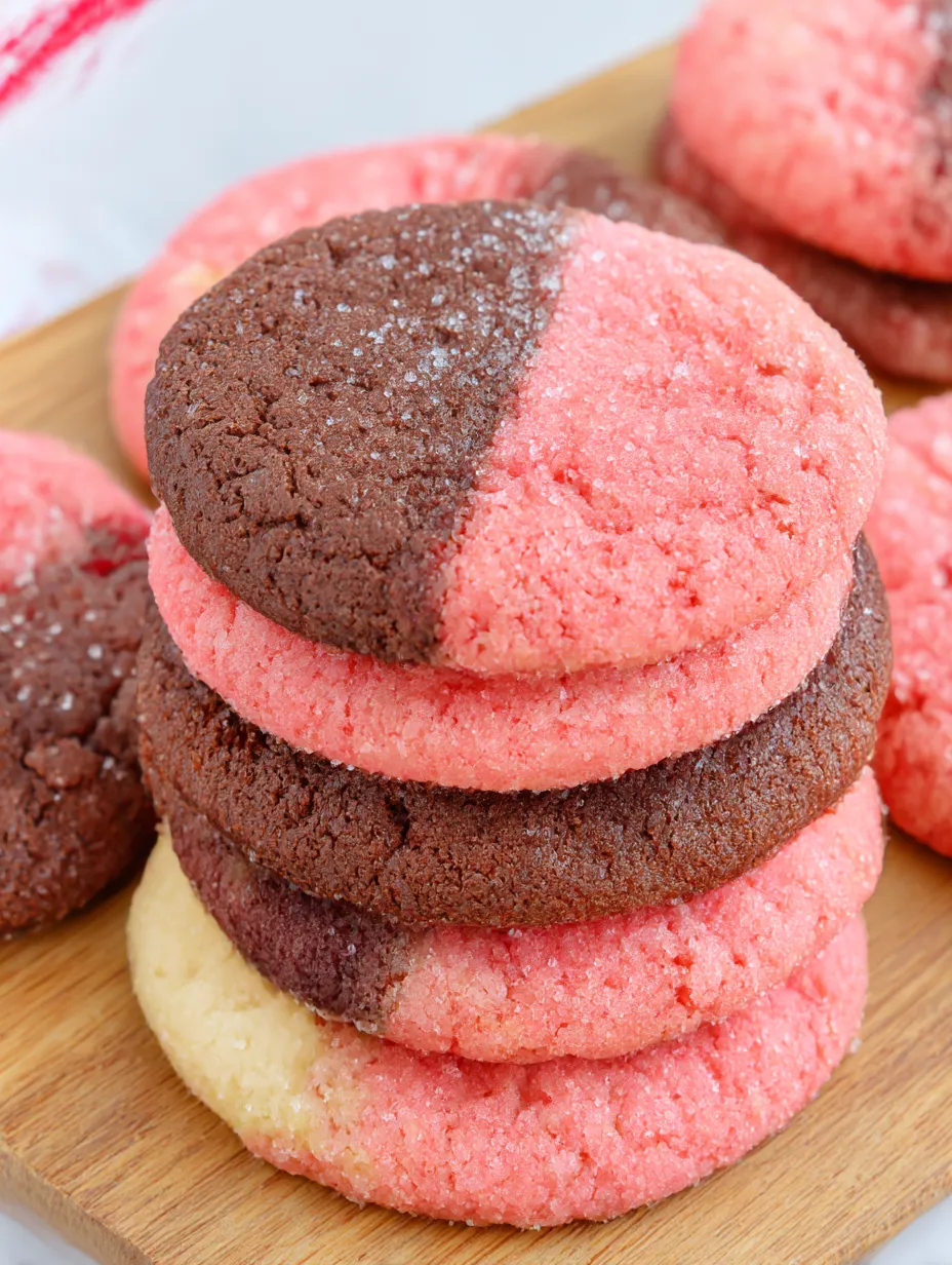 A stack of red and brown cookies.