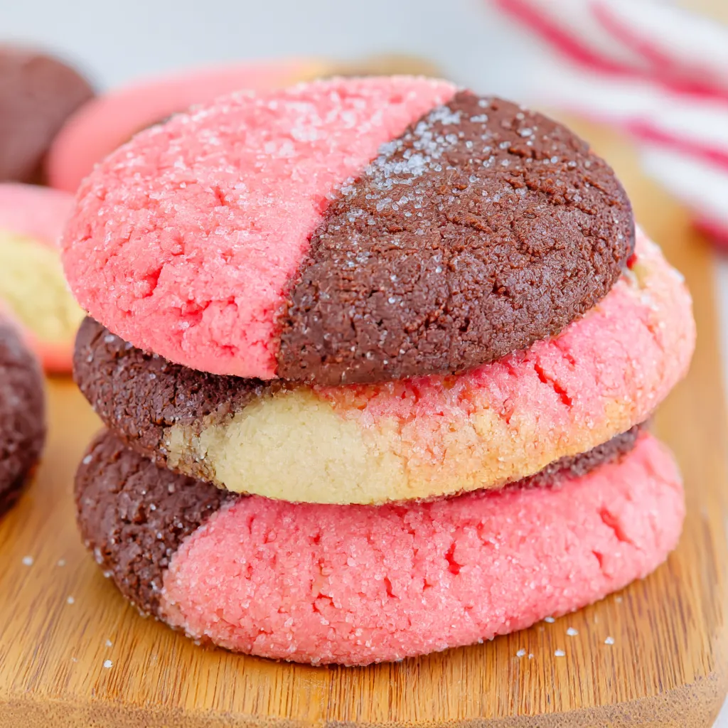 A stack of cookies with pink and brown icing.