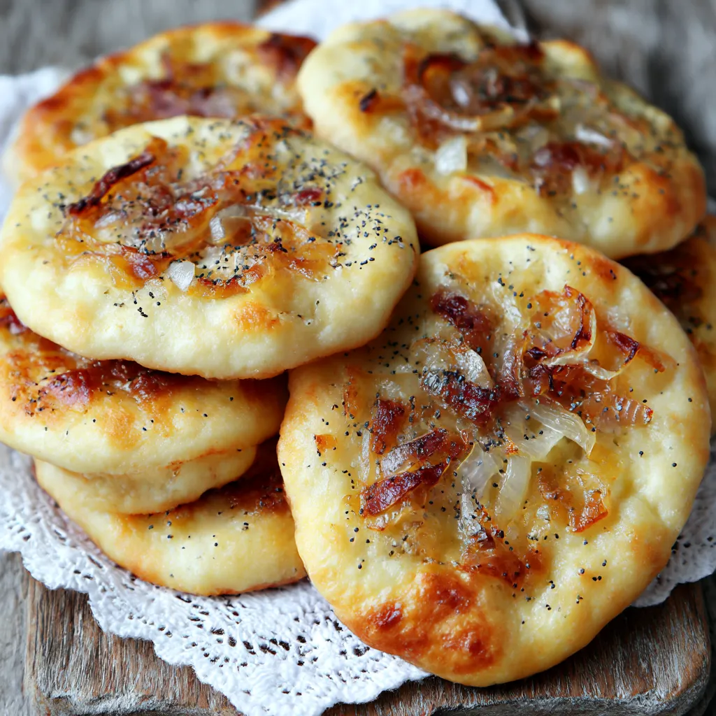 A stack of flatbreads with onions on top.