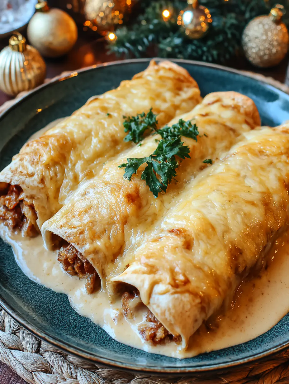 A plate of cheesy chicken enchiladas with creamy sauce.